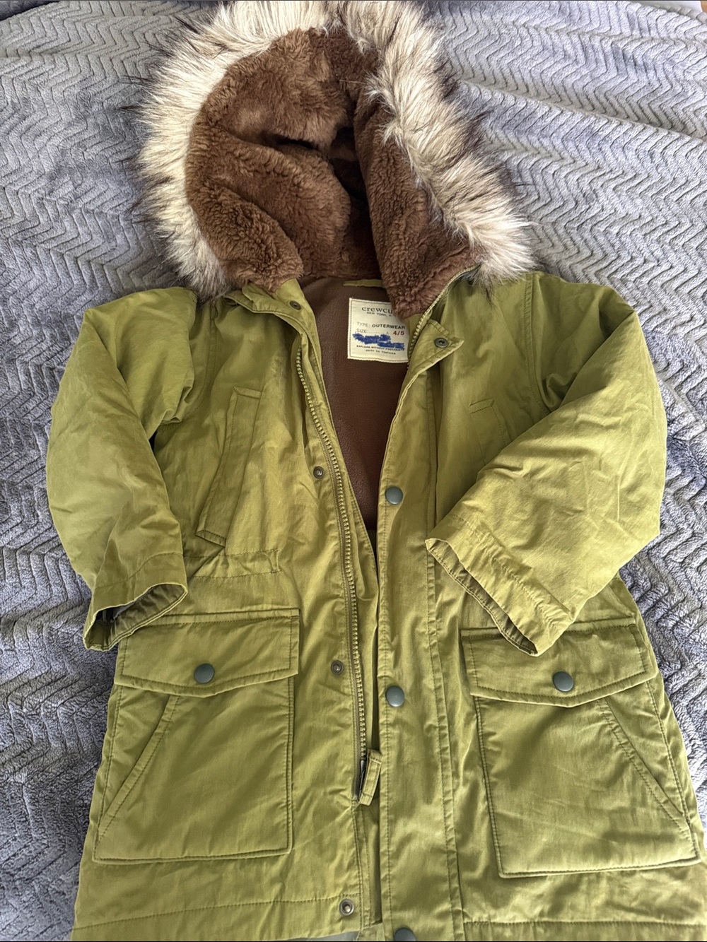 J Crew x Crewcuts  Crescent Olive Green Kids Puffer Parka with Faux Fur Hood